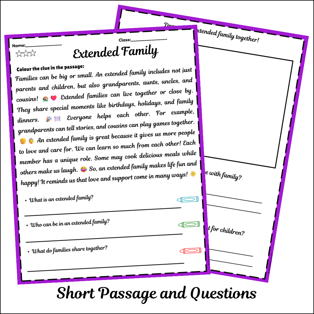 Extended Family | Short Reading Comprehension Creative Worksheet