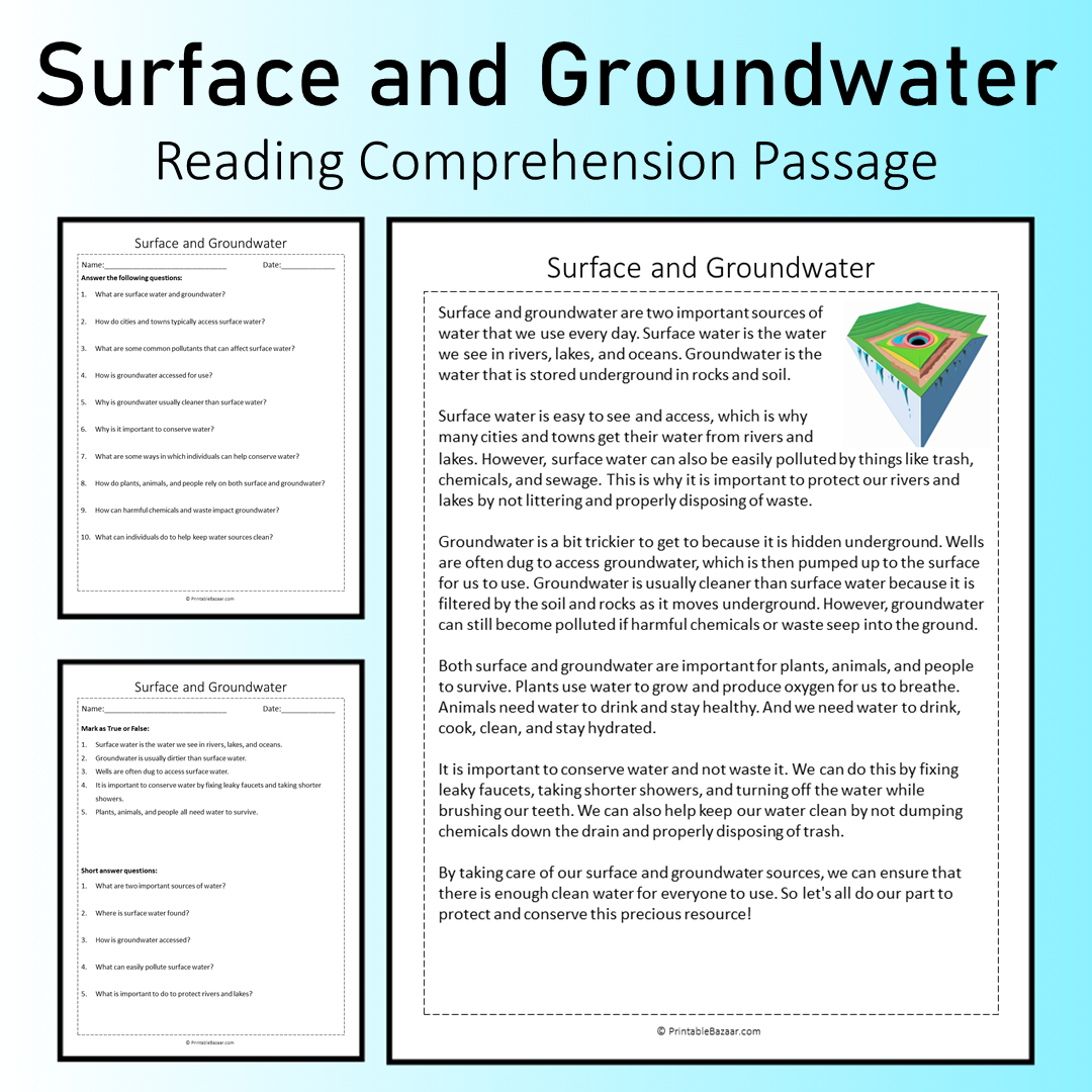 Surface and Groundwater | Reading Comprehension Passage Printable Worksheet