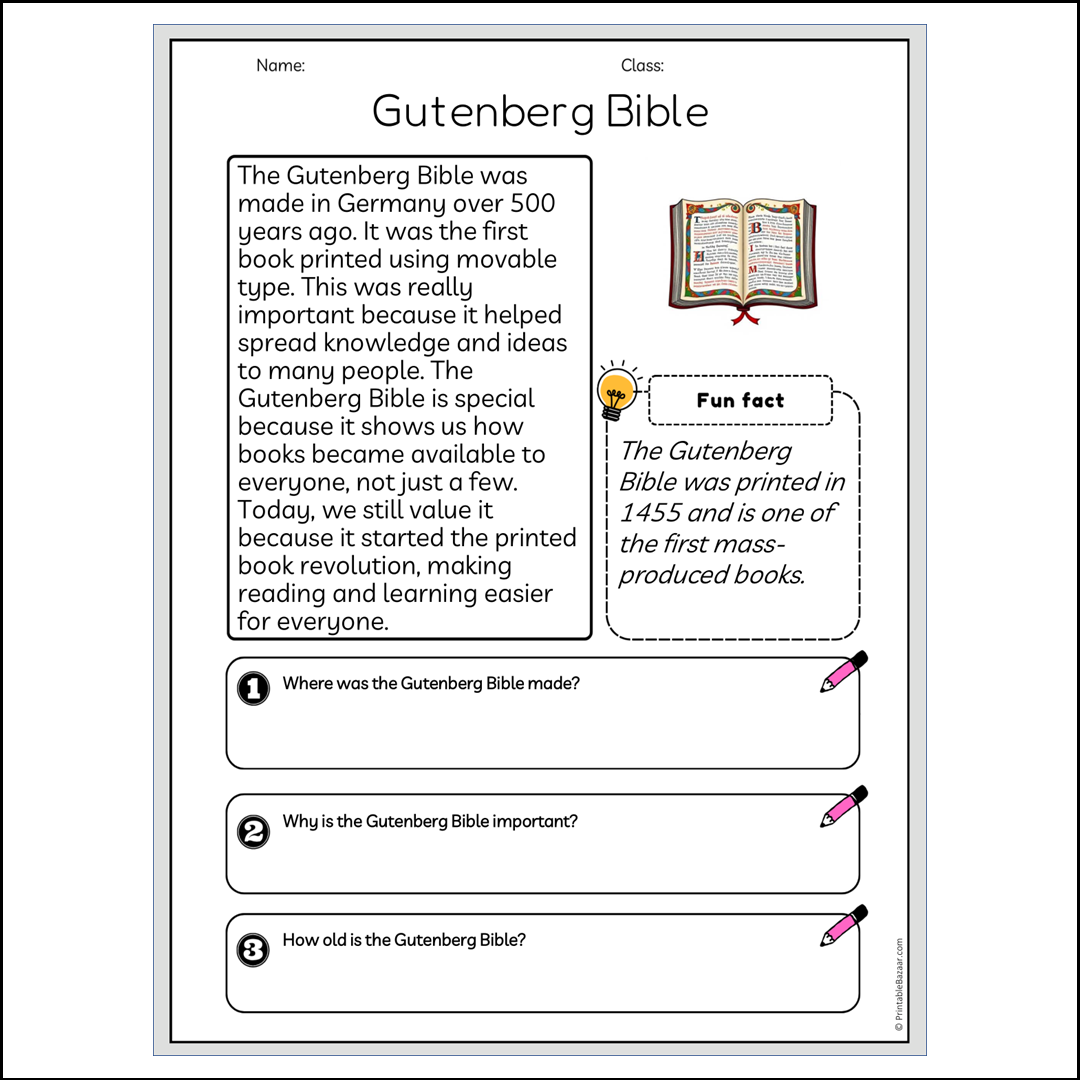 Gutenberg Bible | Reading Passage Comprehension Questions Writing Facts Worksheet