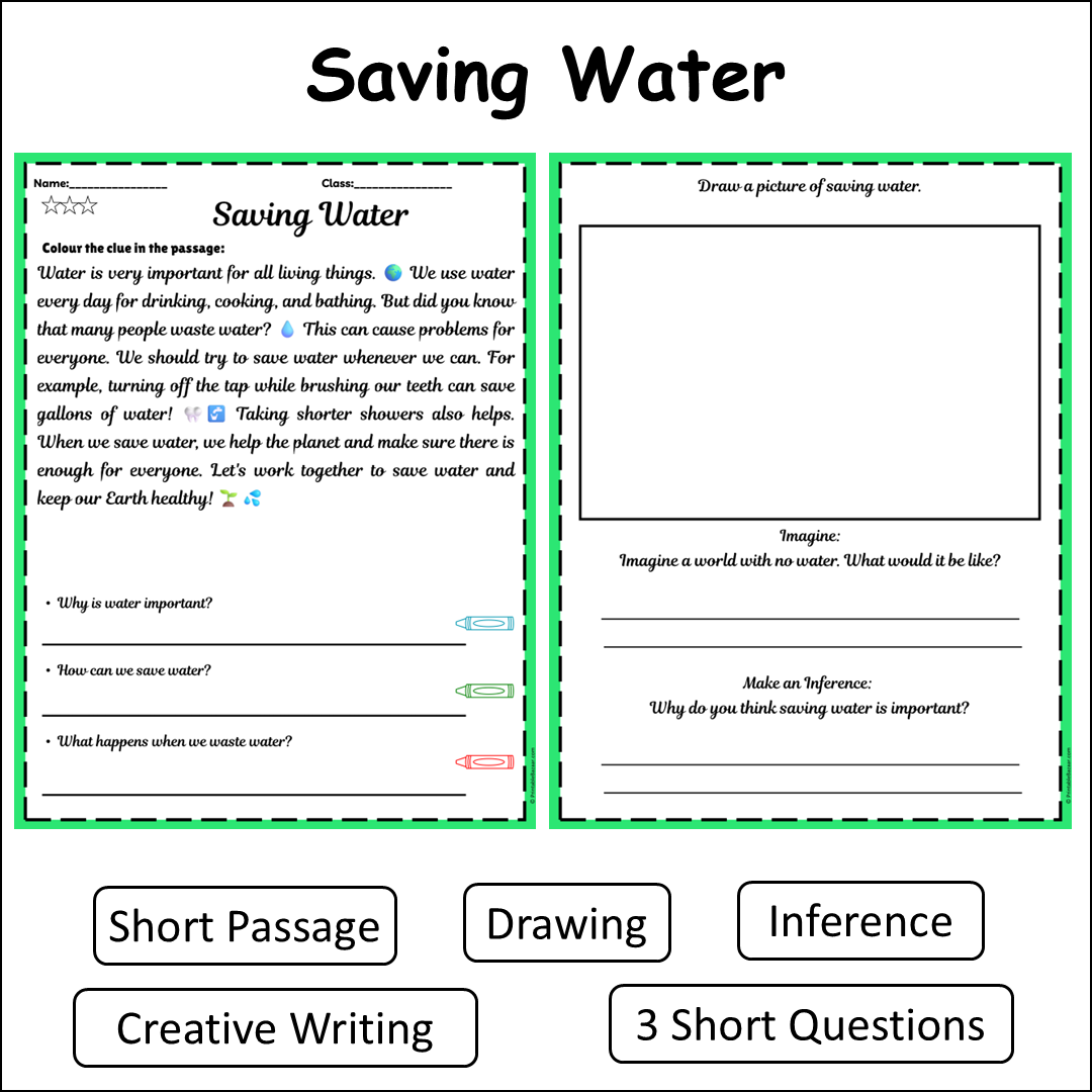 Saving Water | Short Reading Comprehension Creative Worksheet