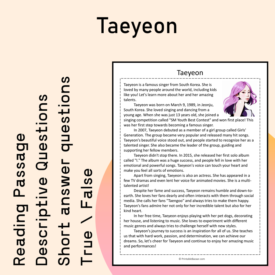 Taeyeon | Reading Comprehension Passage Printable Activity