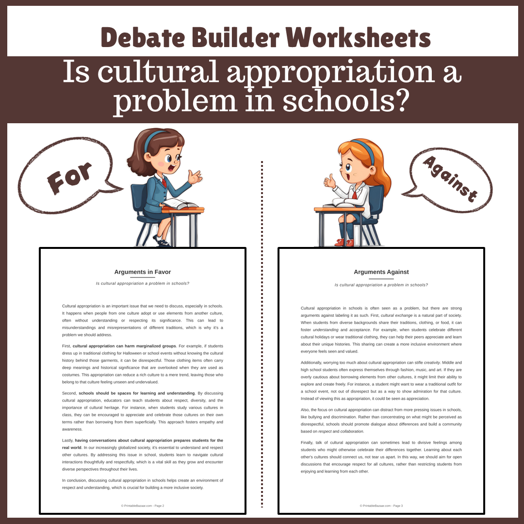 Is cultural appropriation a problem in schools? | Favour and Against Worksheet Printable Activity