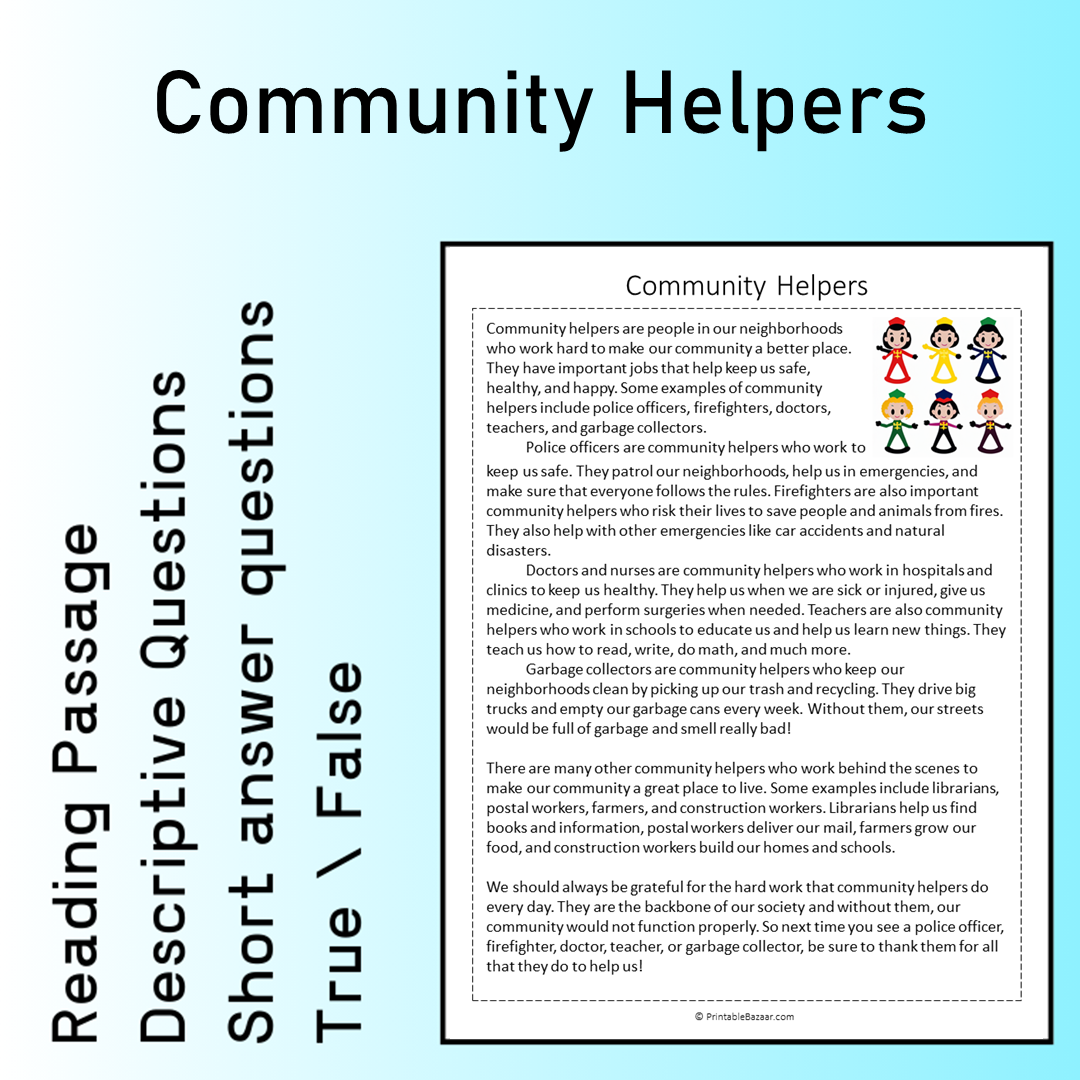 Community Helpers | Reading Comprehension Passage Printable Worksheet