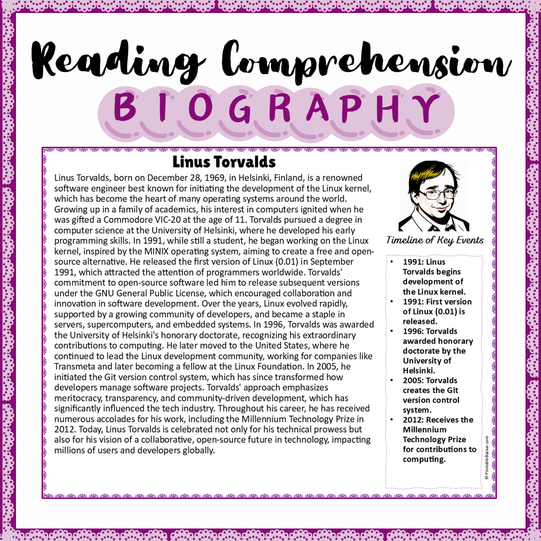 Linus Torvalds | Biography Reading Comprehension and Questions Worksheet