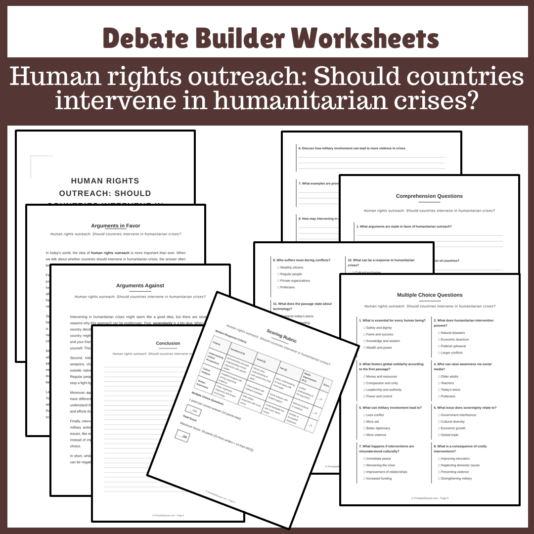 Human rights outreach: Should countries intervene in humanitarian crises? | Favour and Against Worksheet Printable Activity
