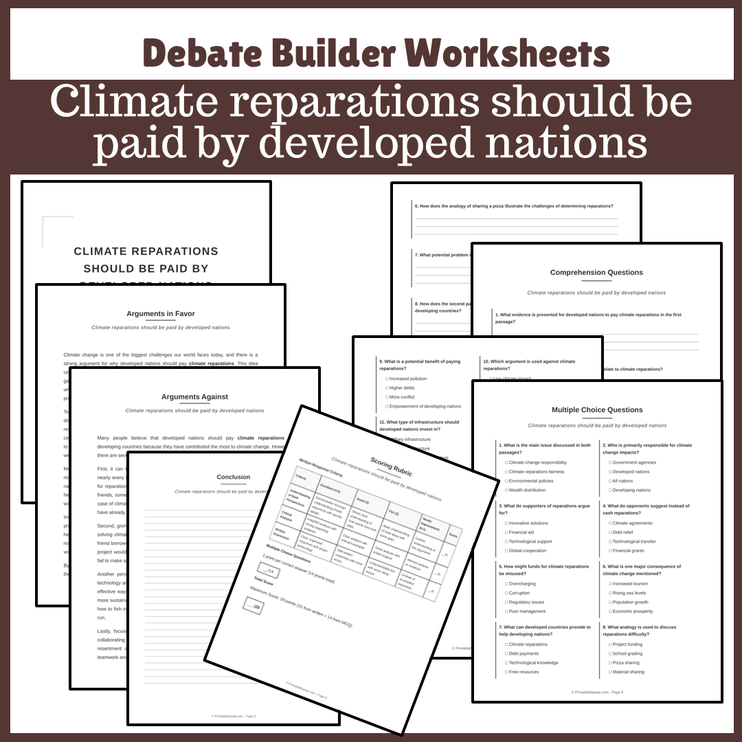 Climate reparations should be paid by developed nations | Favour and Against Worksheet Printable Activity