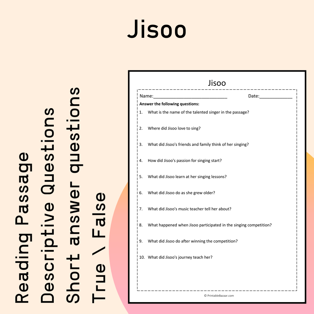 Jisoo | Reading Comprehension Passage Printable Activity