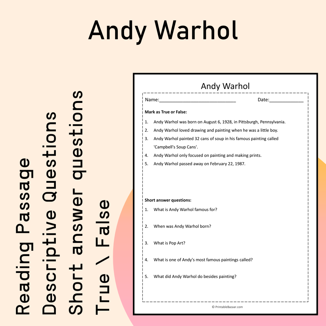 Andy Warhol | Reading Comprehension Passage Printable Activity