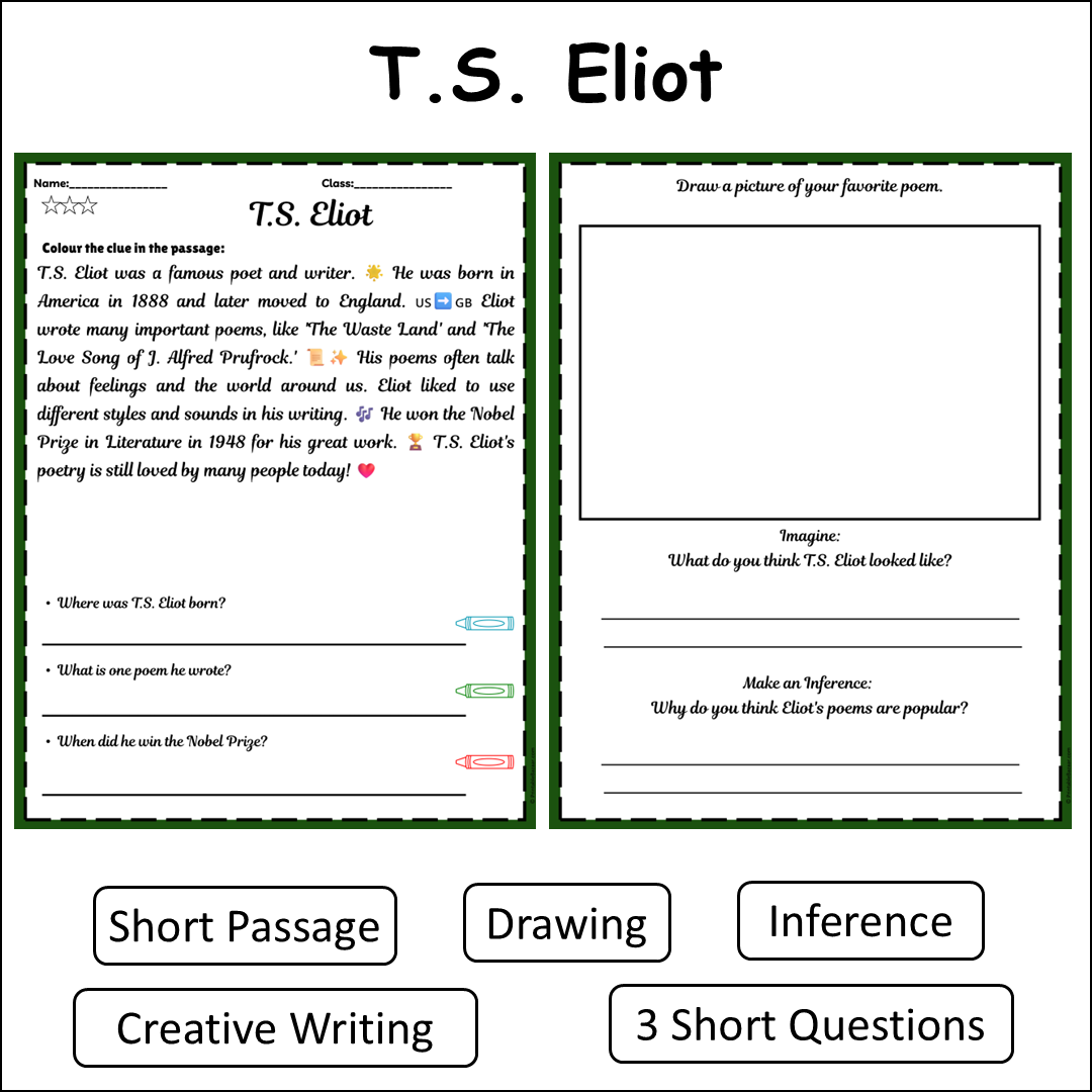 T.S. Eliot | Short Reading Comprehension Creative Worksheet