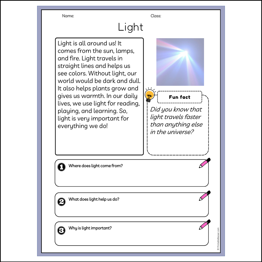 Light | Reading Passage Comprehension Questions Writing Facts Worksheet