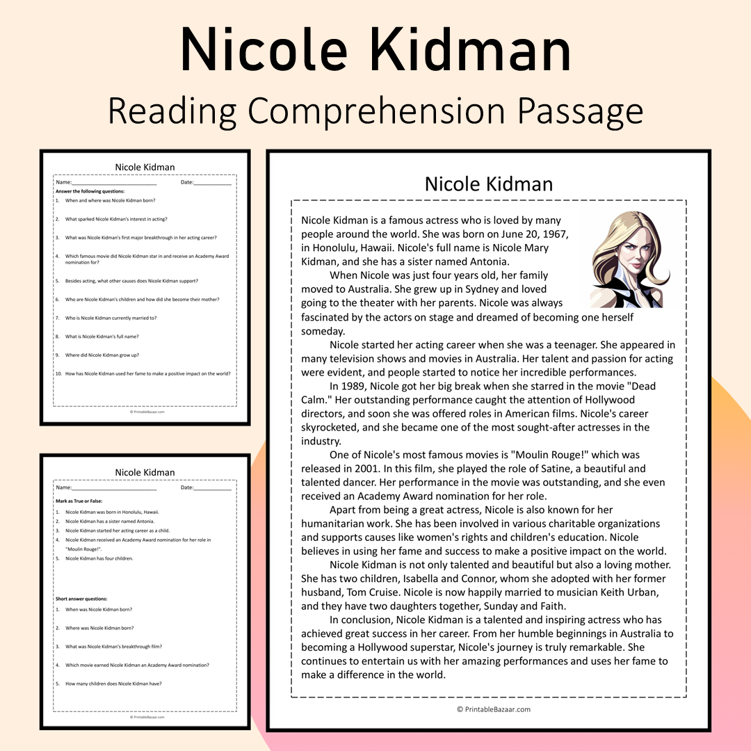 Nicole Kidman | Reading Comprehension Passage Printable Activity