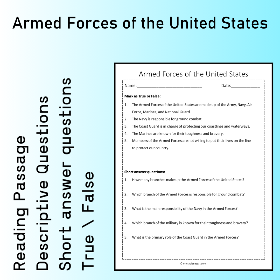 Armed Forces of the United States | Reading Comprehension Passage Printable Worksheet