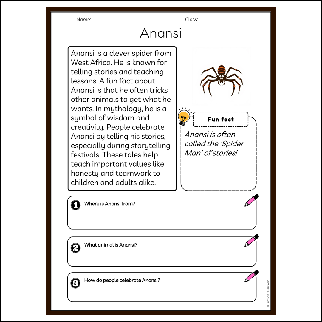 Anansi | Reading Passage Comprehension Questions Writing Facts Worksheet