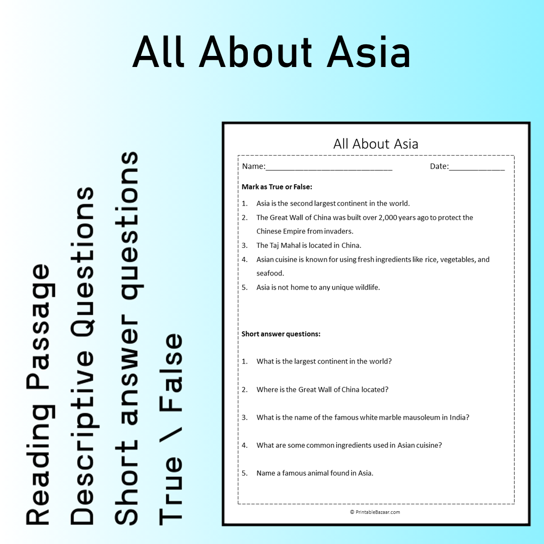 All About Asia | Reading Comprehension Passage Printable Worksheet