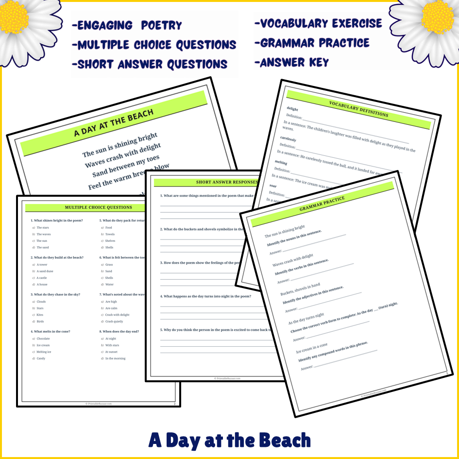 A Day at the Beach | Poem Grammar Worksheet Printable Activity