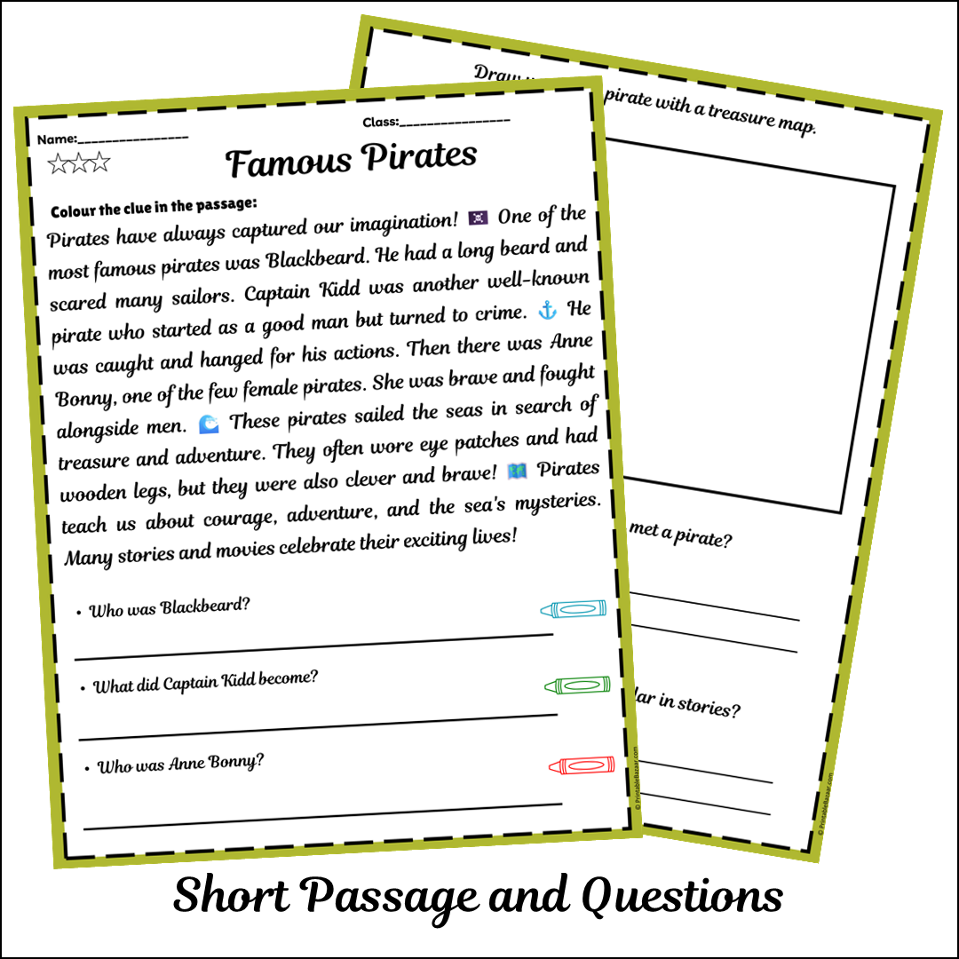 Famous Pirates | Short Reading Comprehension Creative Worksheet
