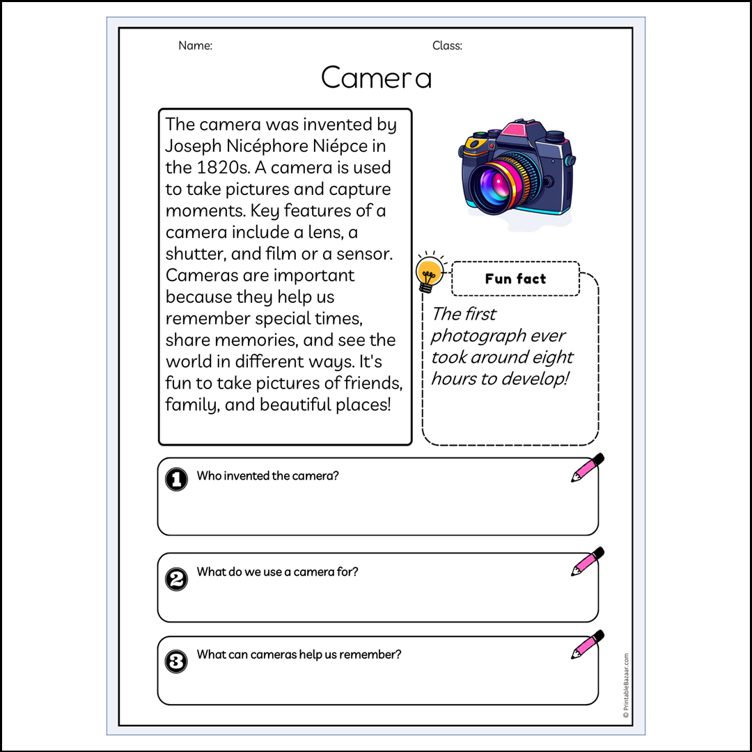 Camera | Reading Passage Comprehension Questions Writing Facts Worksheet