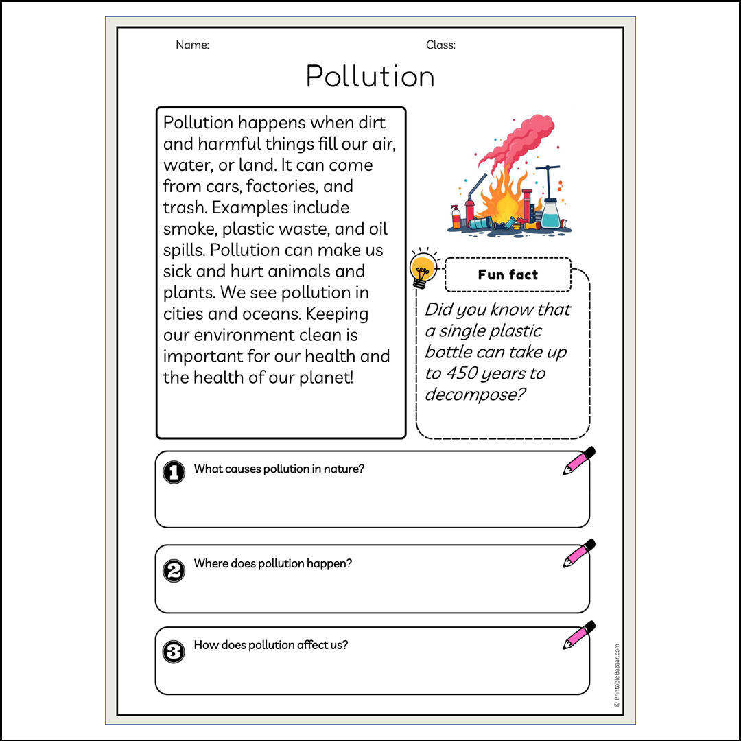 Pollution | Reading Passage Comprehension Questions Writing Facts Worksheet