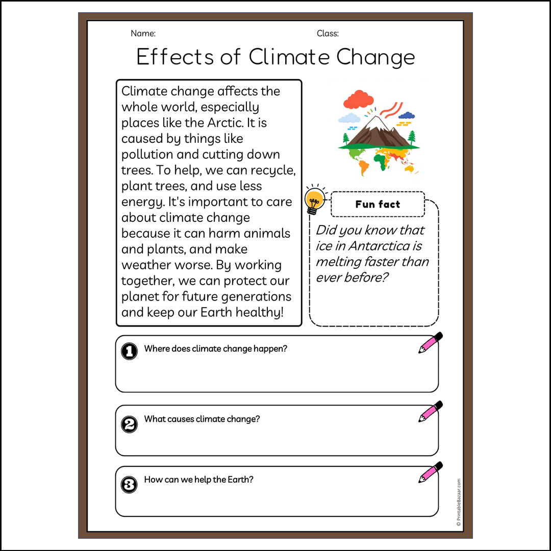 Effects of Climate Change | Reading Passage Comprehension Questions Writing Facts Worksheet