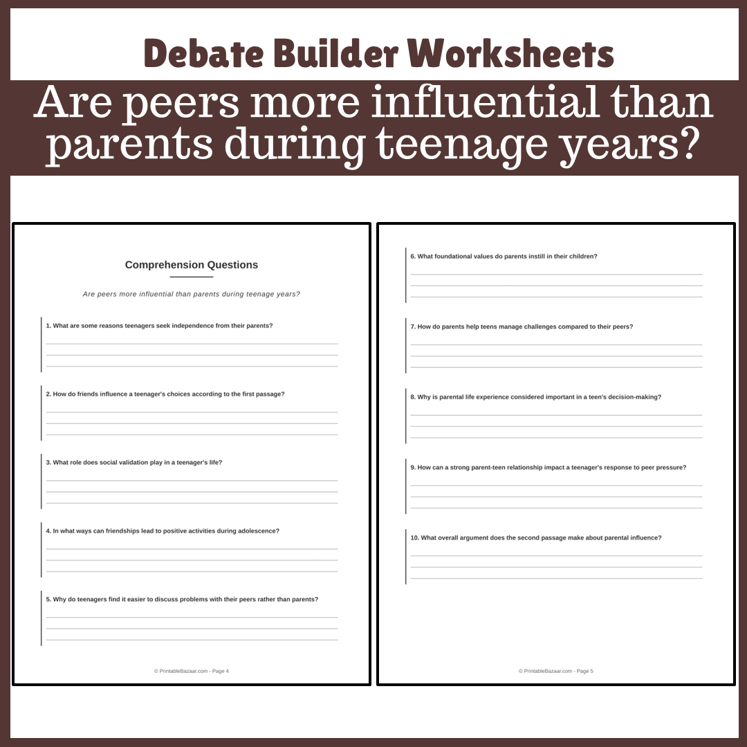 Are peers more influential than parents during teenage years? | Favour and Against Worksheet Printable Activity