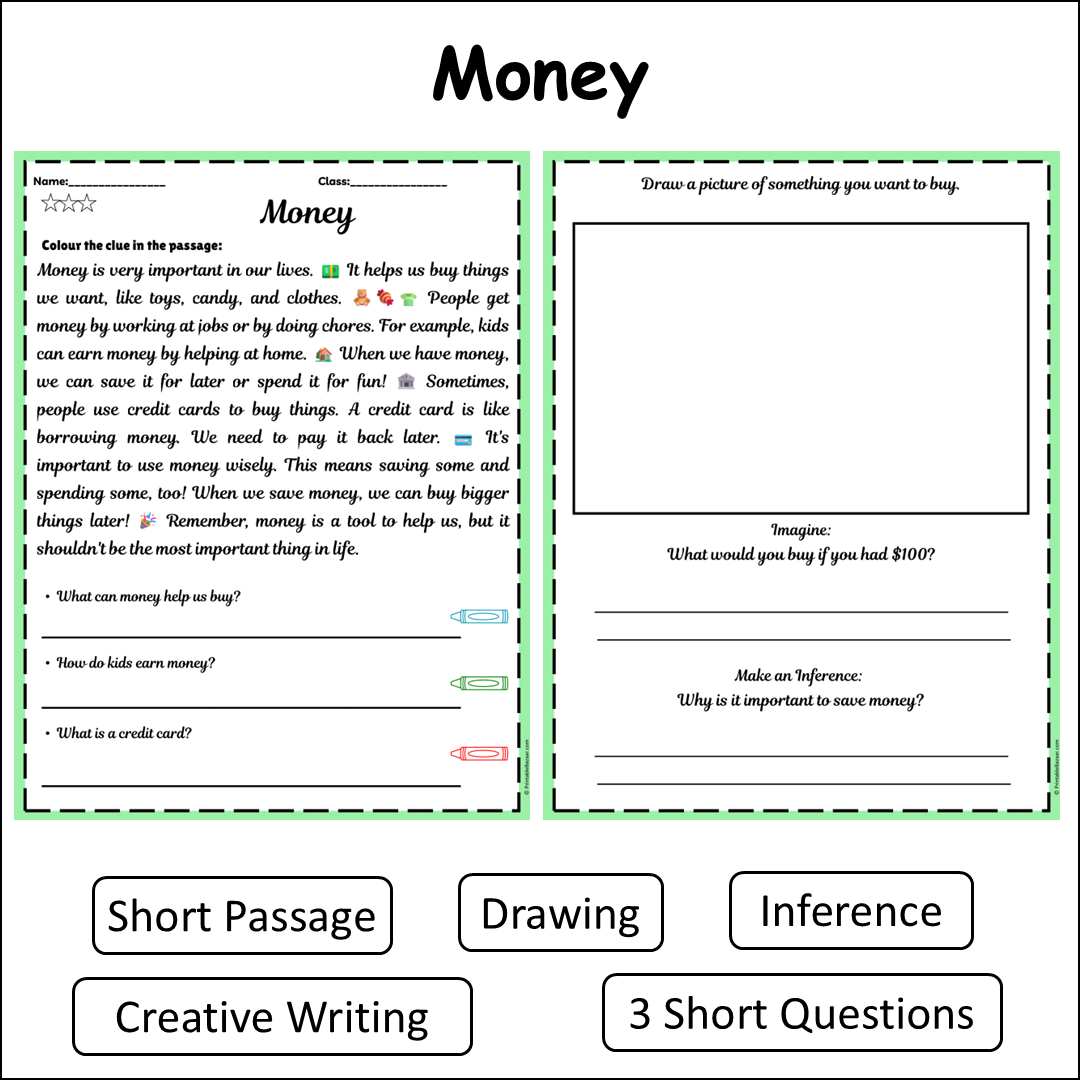 Money | Short Reading Comprehension Creative Worksheet