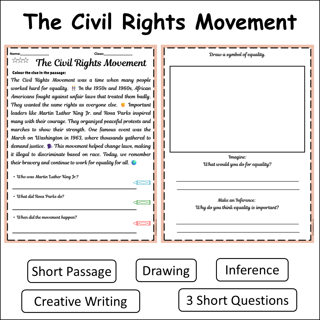 The Civil Rights Movement | Short Reading Comprehension Creative Worksheet