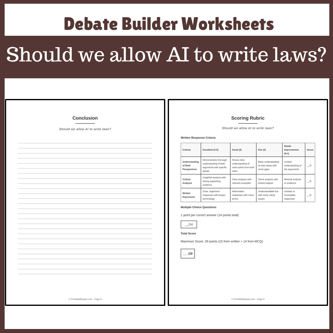 Should we allow AI to write laws? | Favour and Against Worksheet Printable Activity