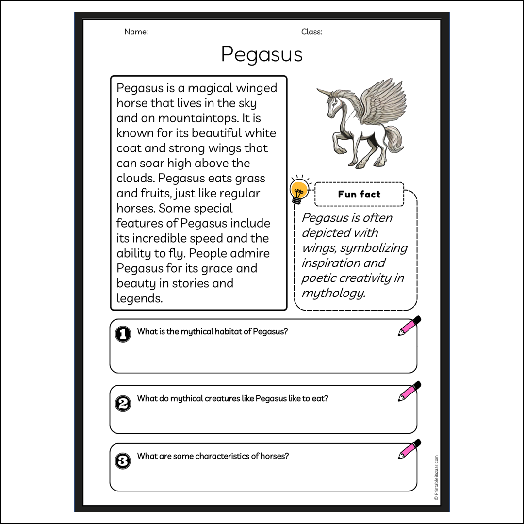 Pegasus | Reading Passage Comprehension Questions Writing Facts Worksheet