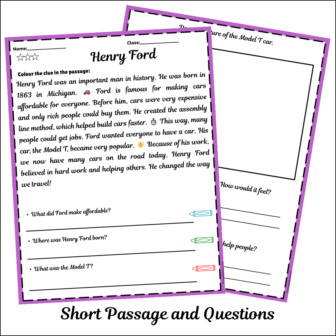 Henry Ford | Short Reading Comprehension Creative Worksheet