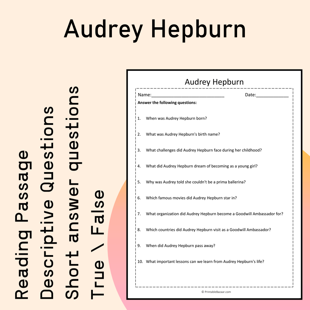 Audrey Hepburn | Reading Comprehension Passage Printable Activity