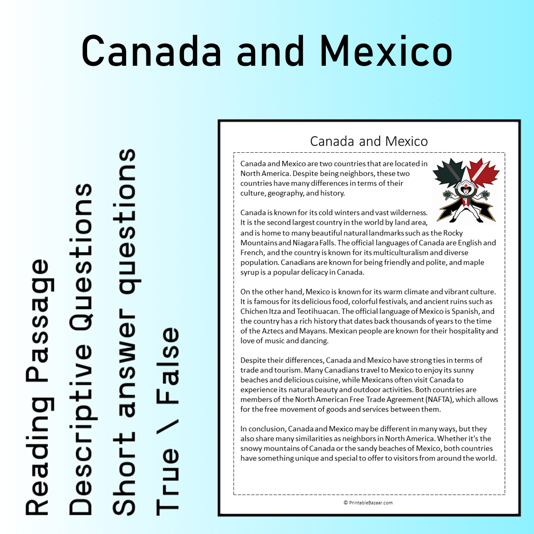 Canada and Mexico | Reading Comprehension Passage Printable Worksheet