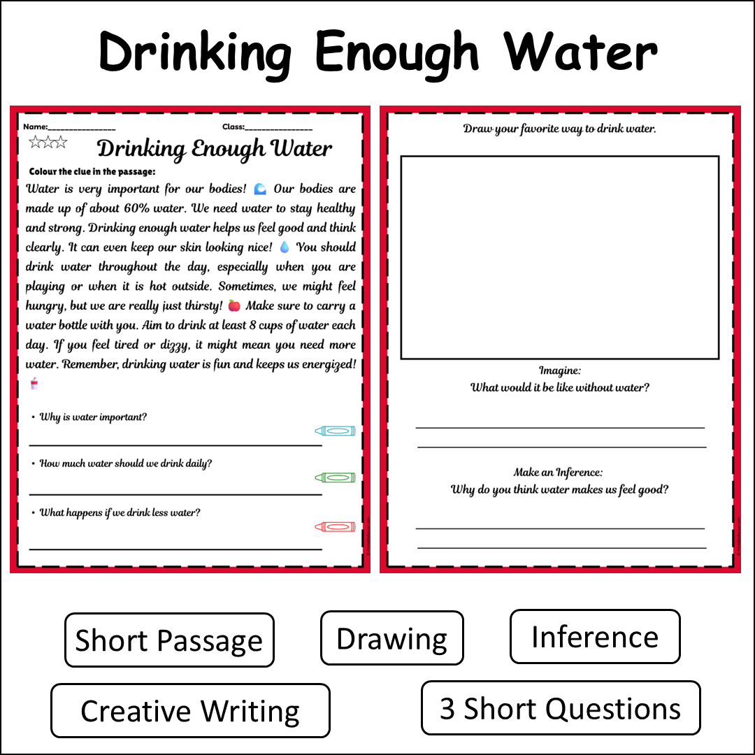 Drinking Enough Water | Short Reading Comprehension Creative Worksheet