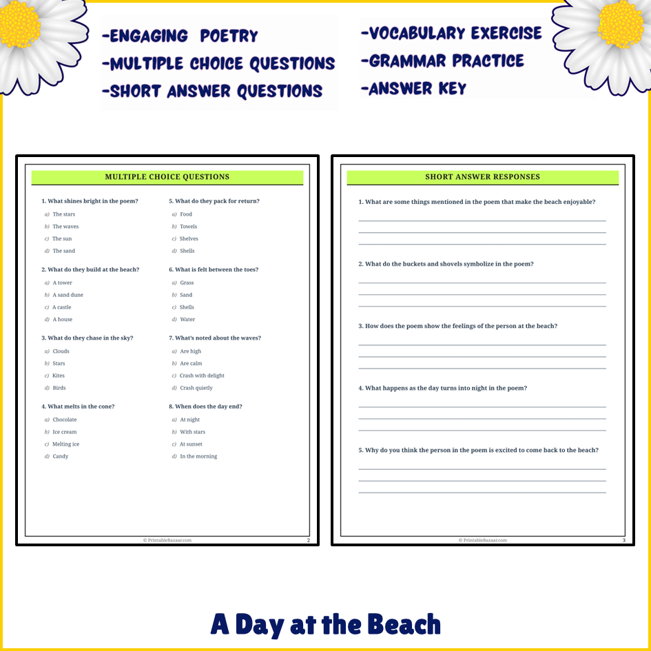 A Day at the Beach | Poem Grammar Worksheet Printable Activity