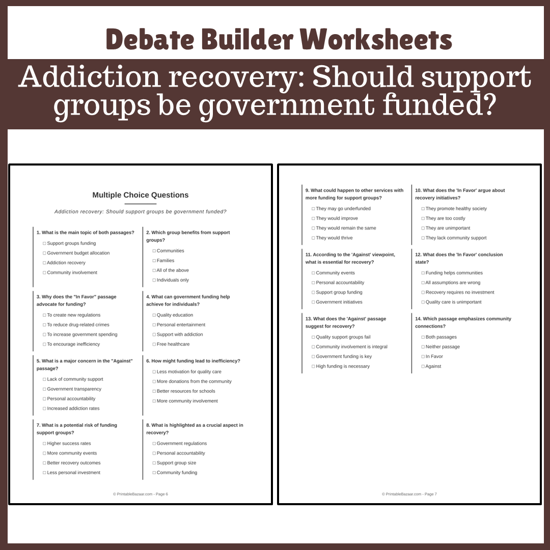 Addiction recovery: Should support groups be government funded? | Favour and Against Worksheet Printable Activity