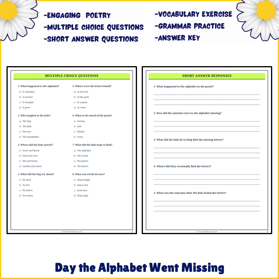 Day the Alphabet Went Missing | Poem Grammar Worksheet Printable Activity
