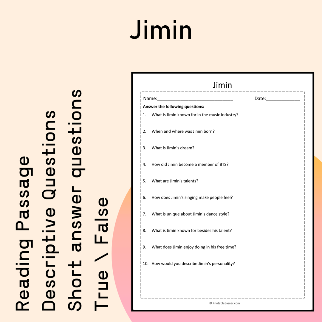 Jimin | Reading Comprehension Passage Printable Activity