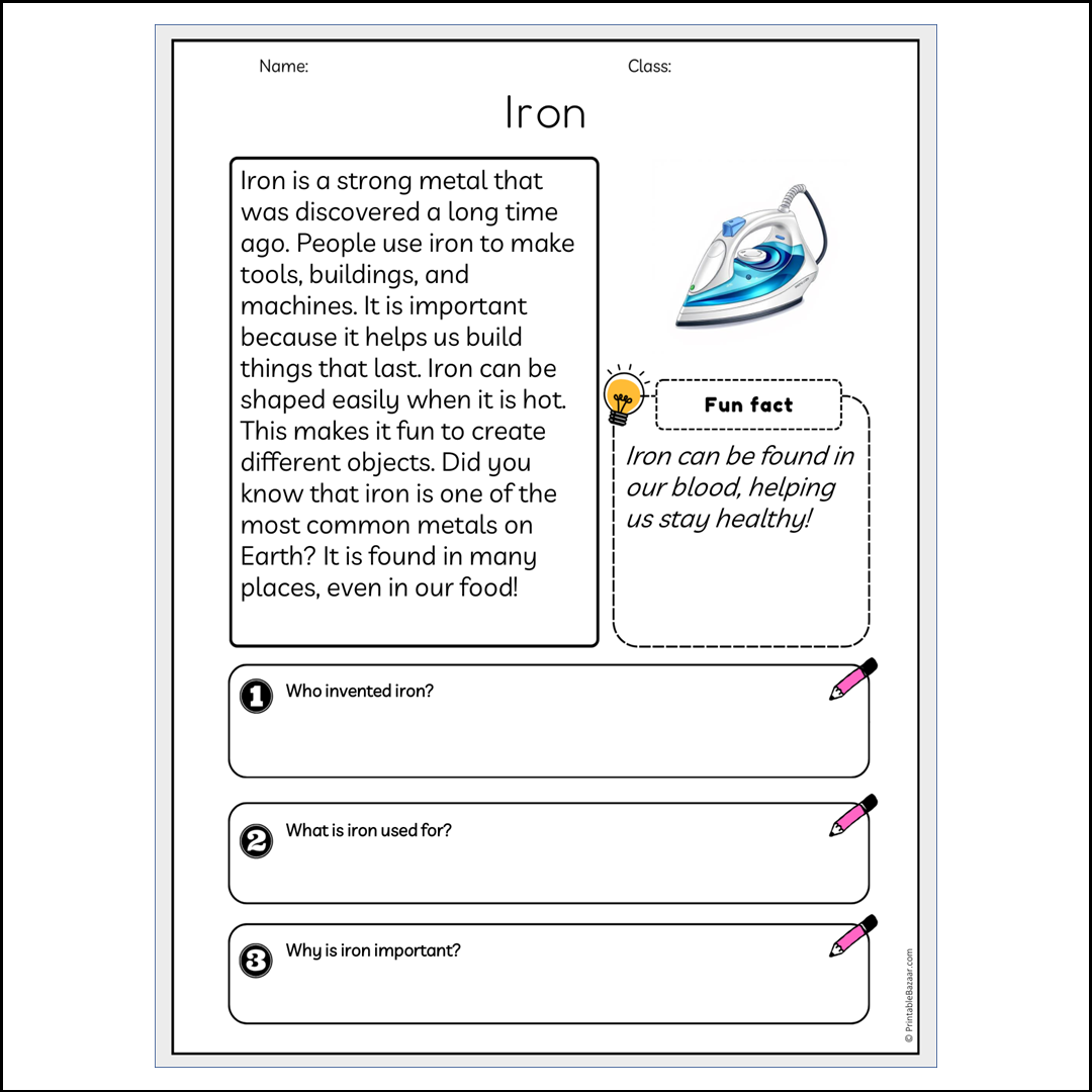 Iron | Reading Passage Comprehension Questions Writing Facts Worksheet