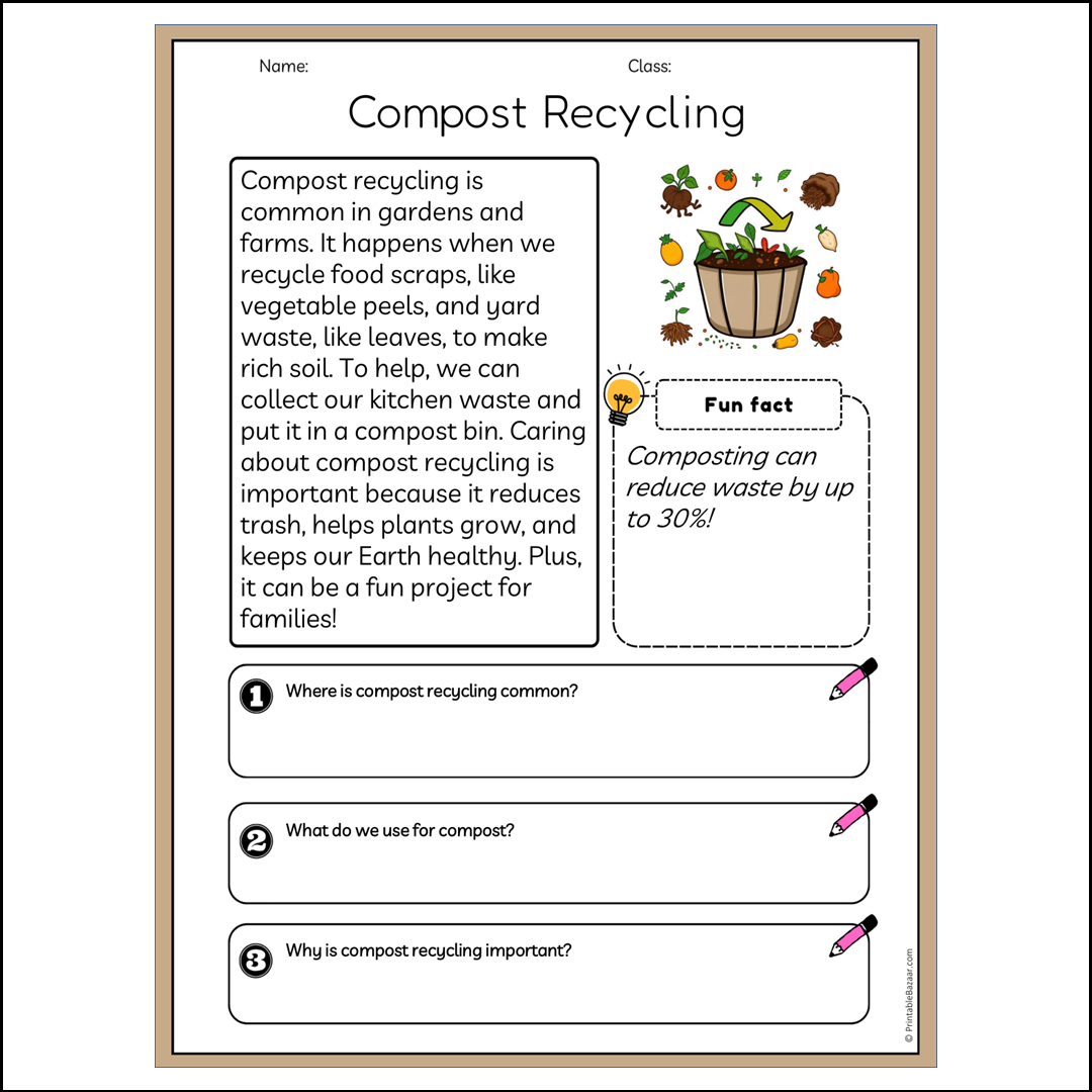 Compost Recycling | Reading Passage Comprehension Questions Writing Facts Worksheet