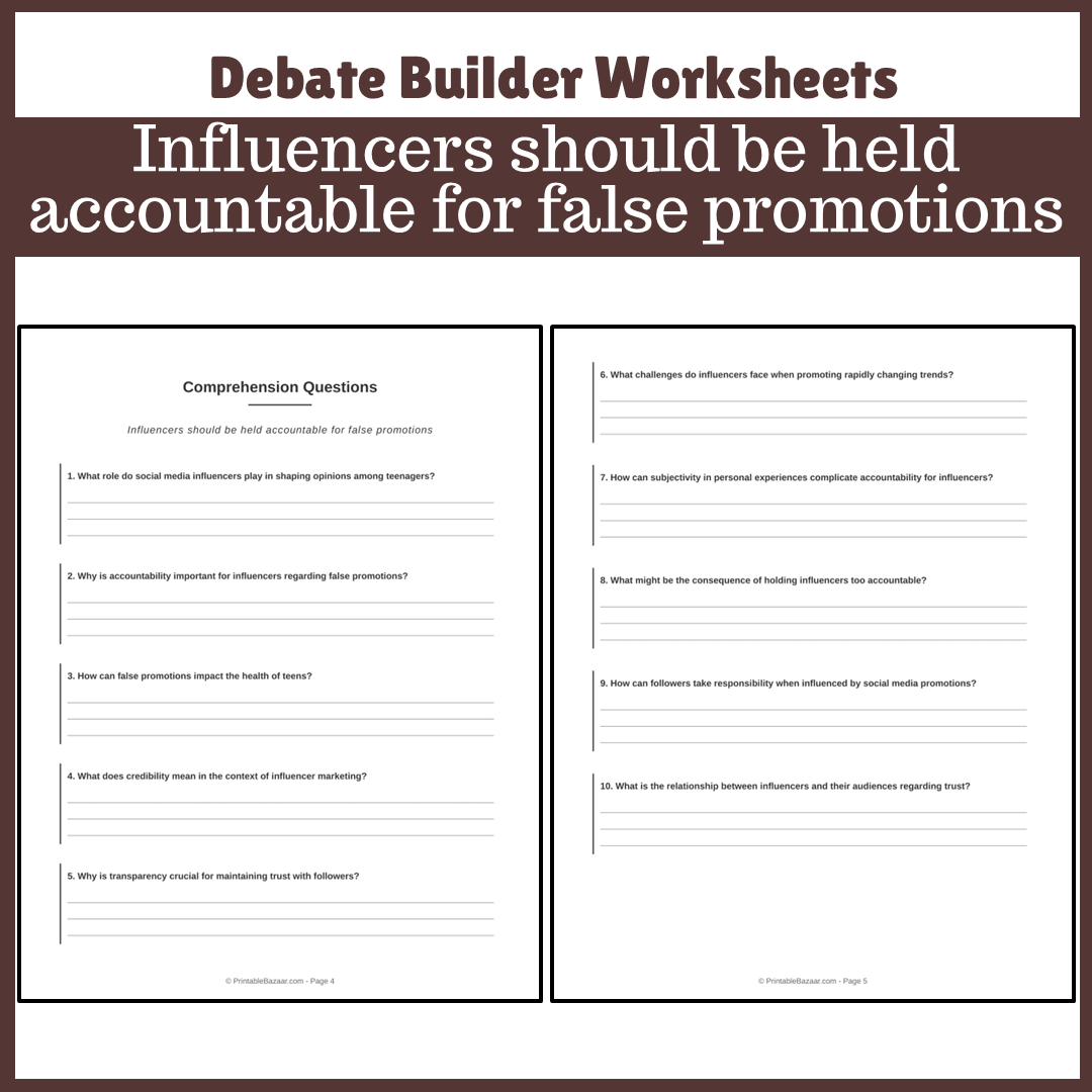 Influencers should be held accountable for false promotions | Favour and Against Worksheet Printable Activity
