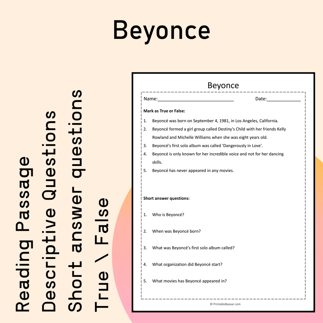 Beyonce | Reading Comprehension Passage Printable Activity