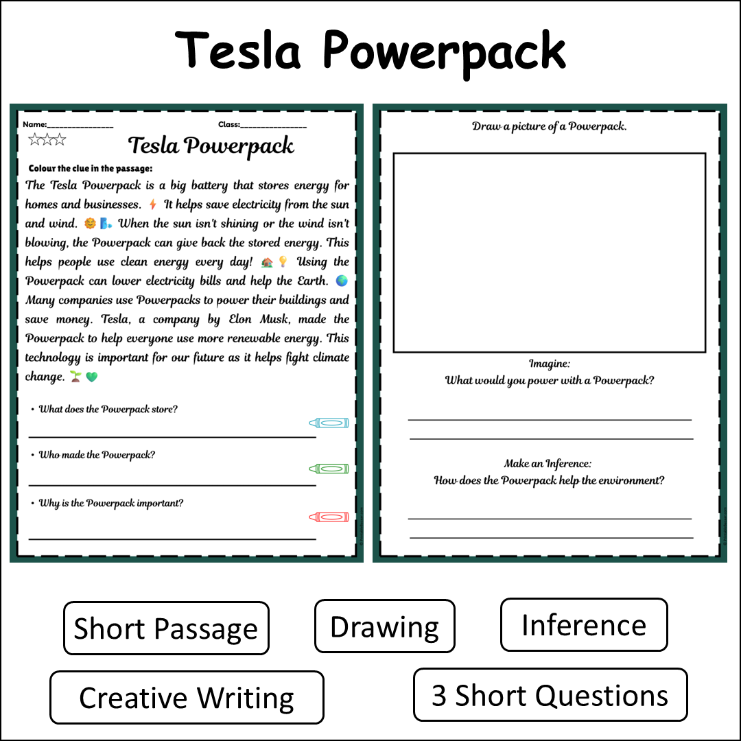 Tesla Powerpack | Short Reading Comprehension Creative Worksheet