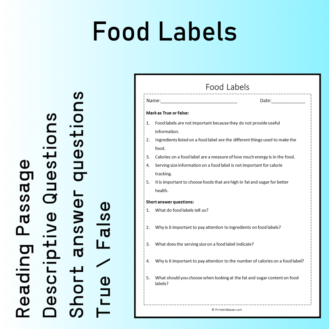 Food Labels | Reading Comprehension Passage Printable Worksheet