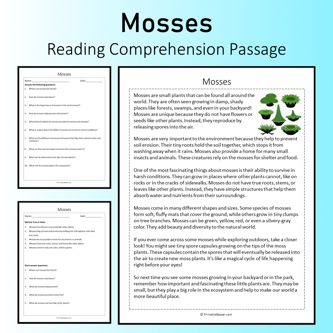 Mosses | Reading Comprehension Passage Printable Worksheet