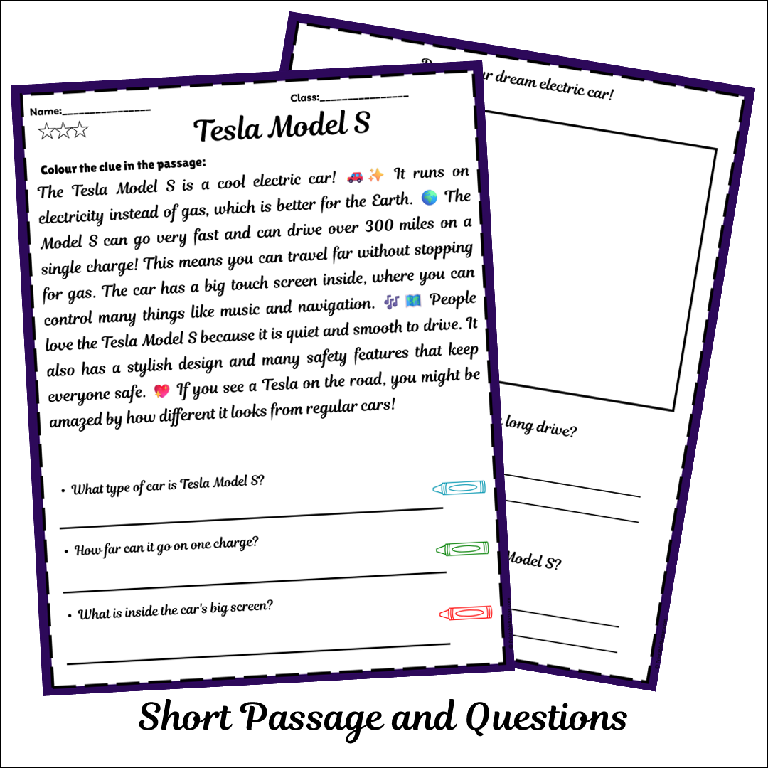 Tesla Model S | Short Reading Comprehension Creative Worksheet