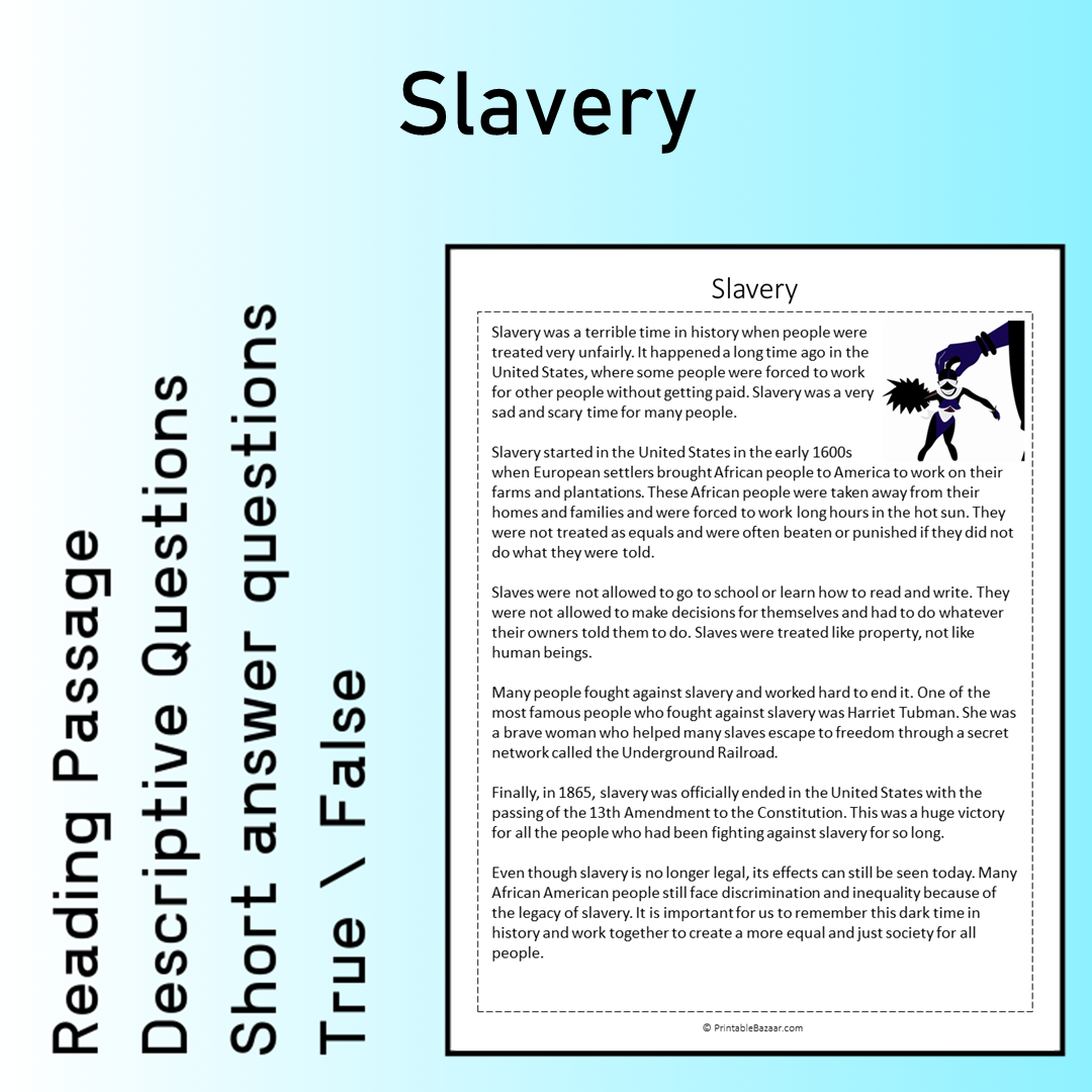 Slavery | Reading Comprehension Passage Printable Worksheet