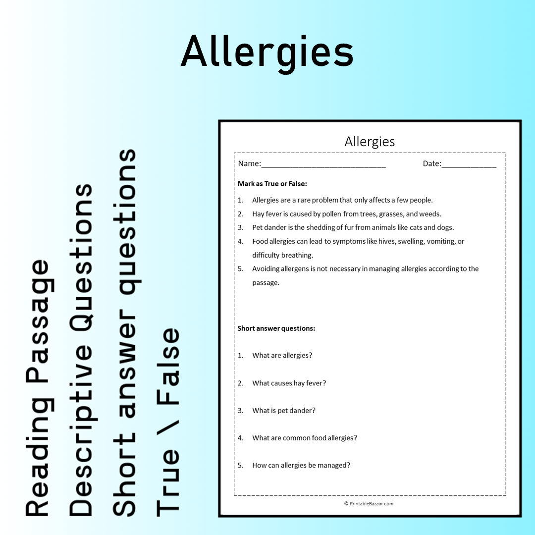 Allergies | Reading Comprehension Passage Printable Worksheet