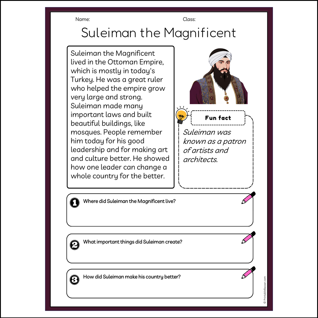 Suleiman the Magnificent | Reading Passage Comprehension Questions Writing Facts Worksheet