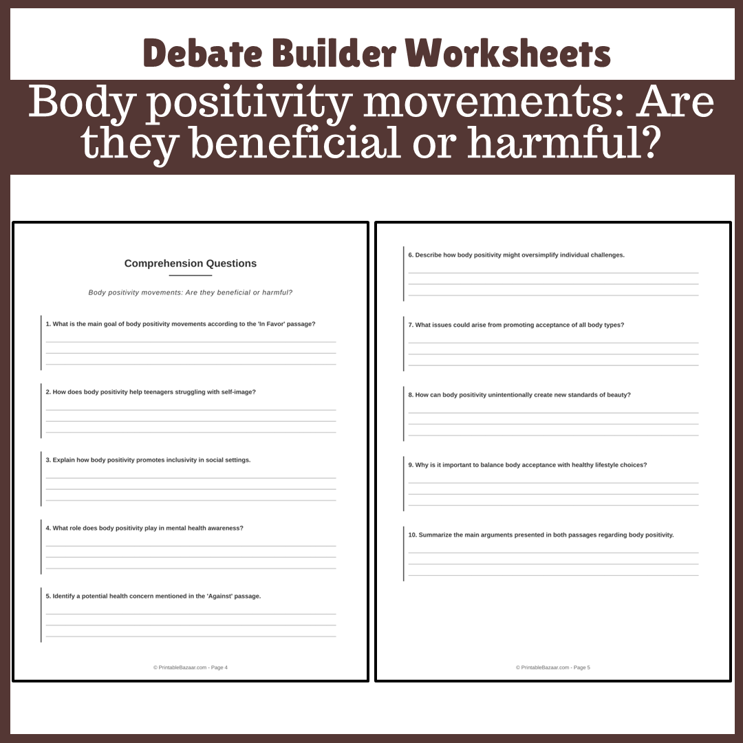 Body positivity movements: Are they beneficial or harmful? | Favour and Against Worksheet Printable Activity