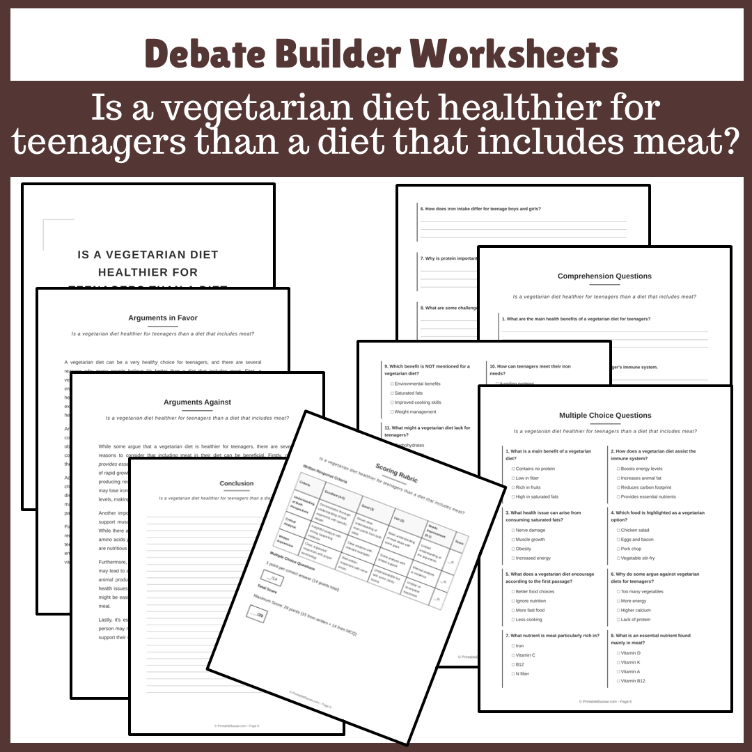 Is a vegetarian diet healthier for teenagers than a diet that includes meat? | Favour and Against Worksheet Printable Activity