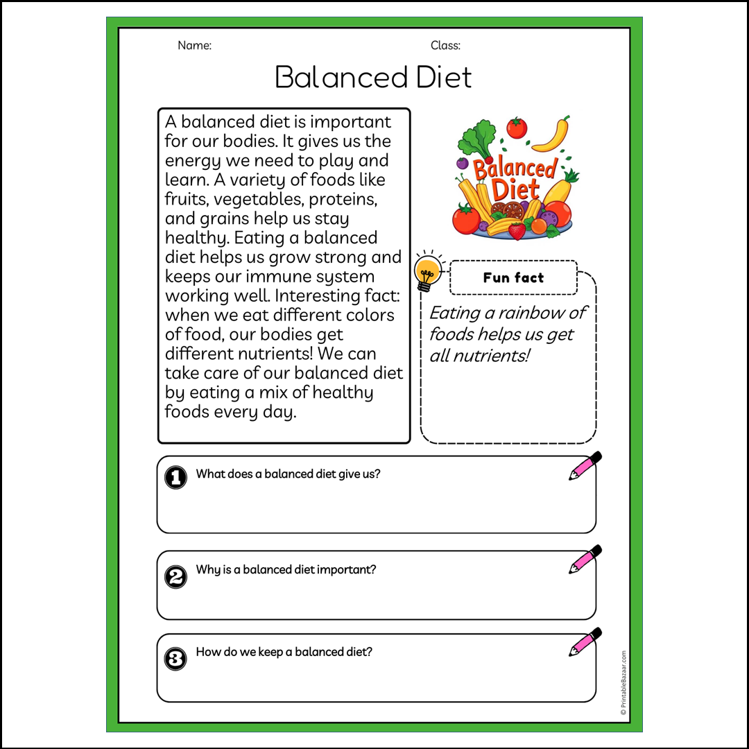 Balanced Diet | Reading Passage Comprehension Questions Writing Facts Worksheet